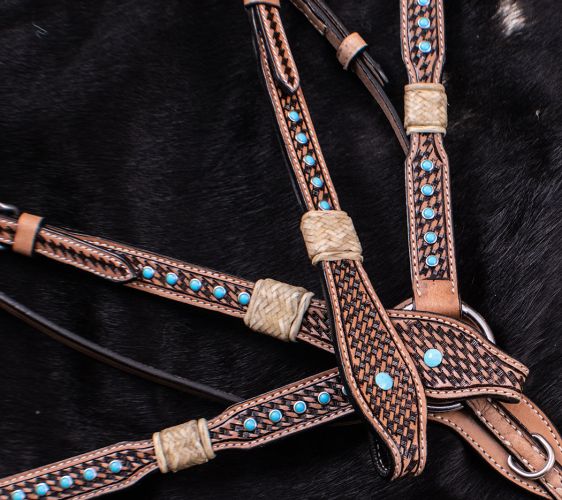 Showman Rawhide Braided Bridle and Breastplate Set with Turquoise Studs