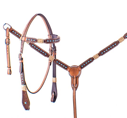 Showman Rawhide Braided Bridle and Breastplate Set with Turquoise Studs