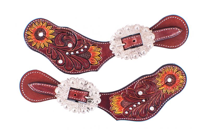 Showman Ladies Hand Painted Sunflower Spur Straps with Silver Engraved Buckles