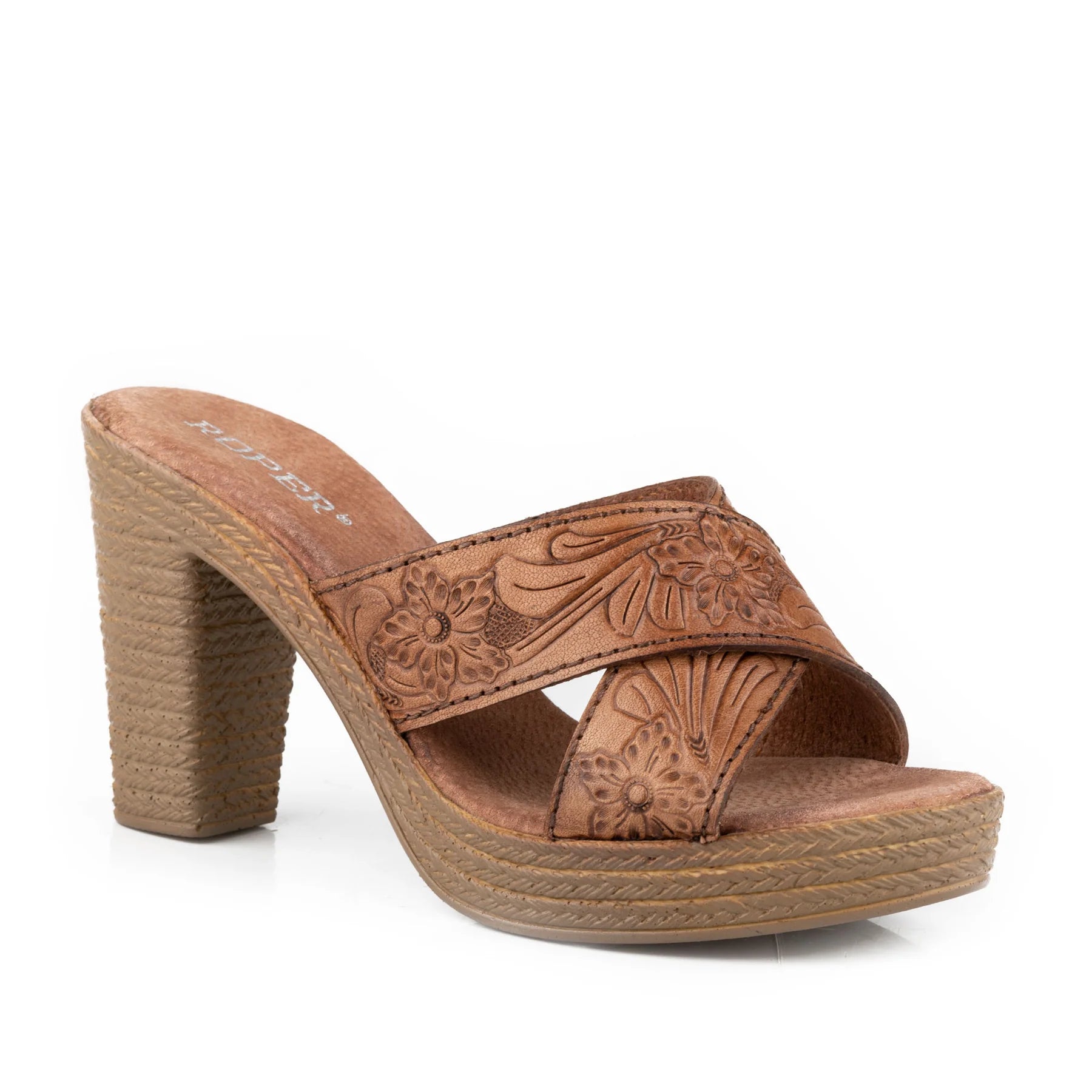 Roper Wms Mika Cross Strap Tan Tooled Leather