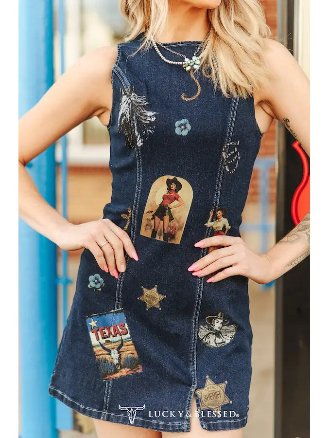 Dark Wash Stretch Denim Sleeveless Printed Western Dress