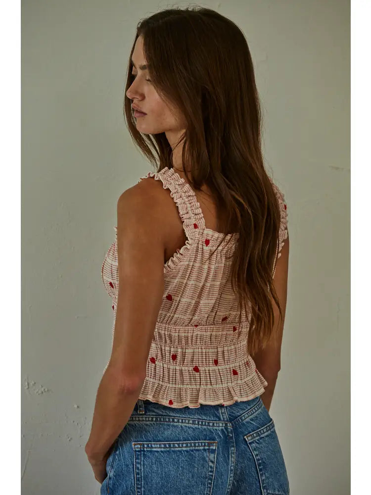 Woven Linen Cotton Striped Heart Embroidered Top