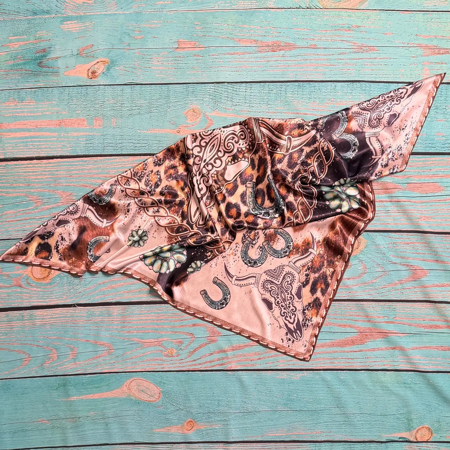 Western Longhorn Turquoise Print Silk Scarf
