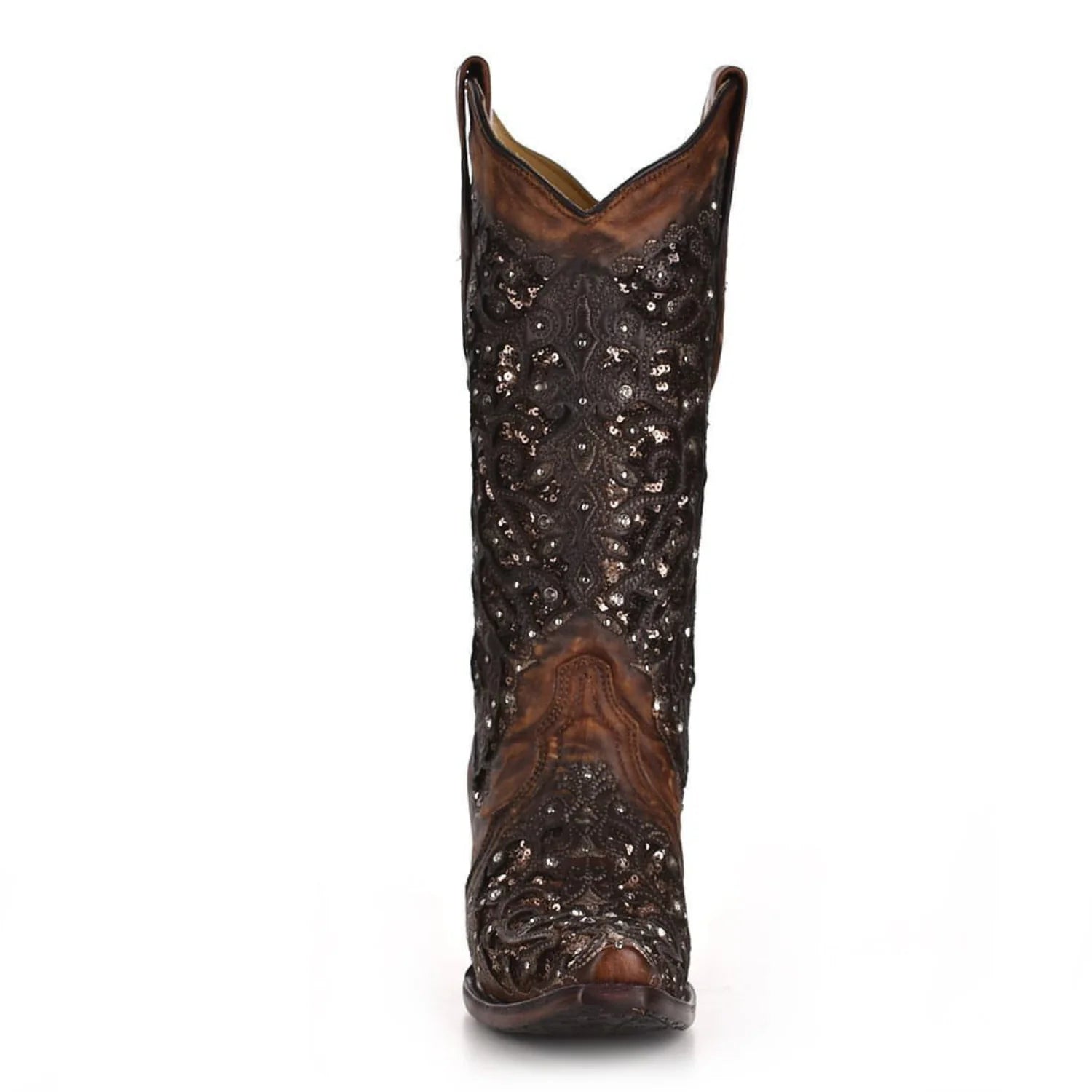 Corral Womens Black Glitter Inlay Floral Overlay with Crystals and Studs Snip Toe Cognac Boot