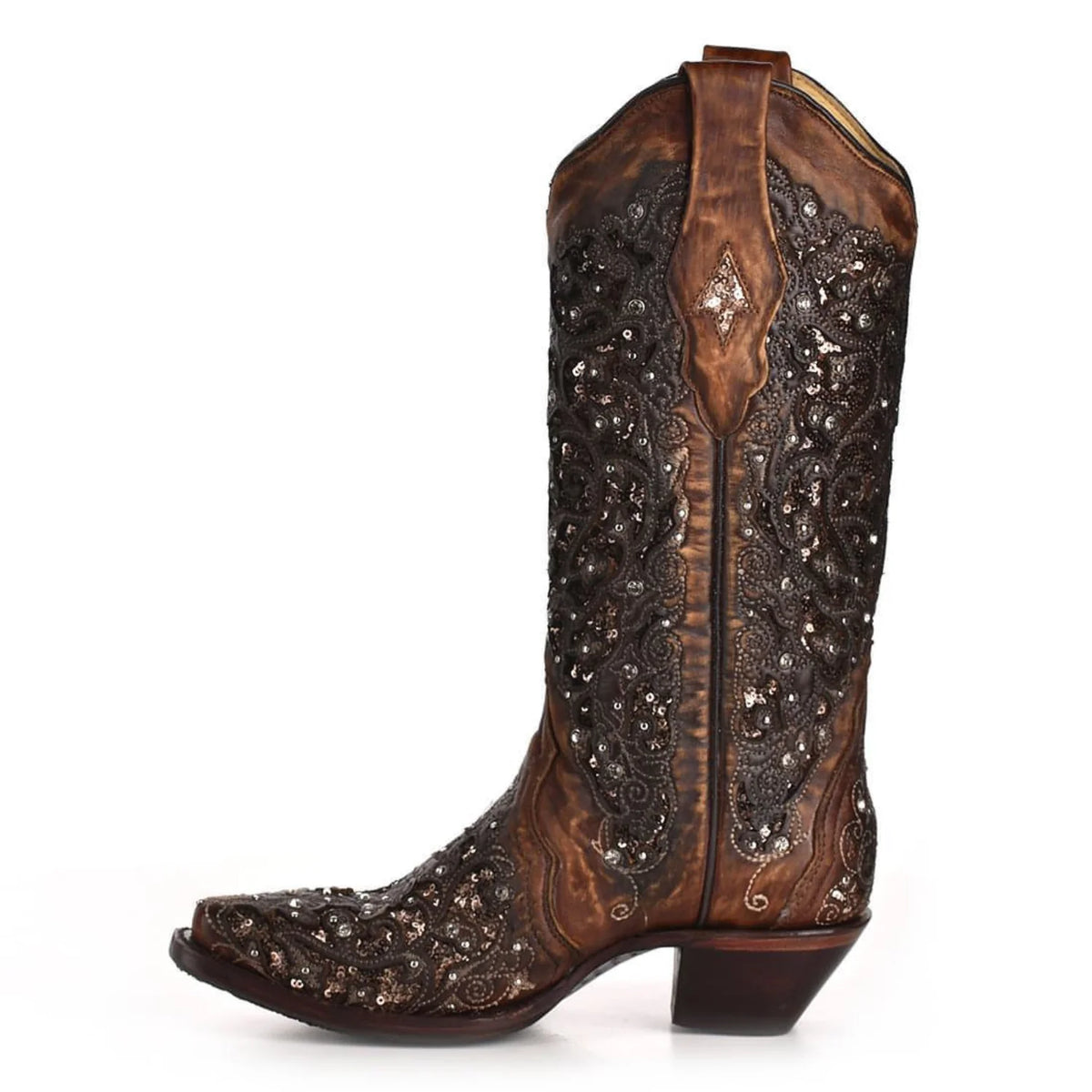 Corral Womens Black Glitter Inlay Floral Overlay with Crystals and Studs Snip Toe Cognac Boot