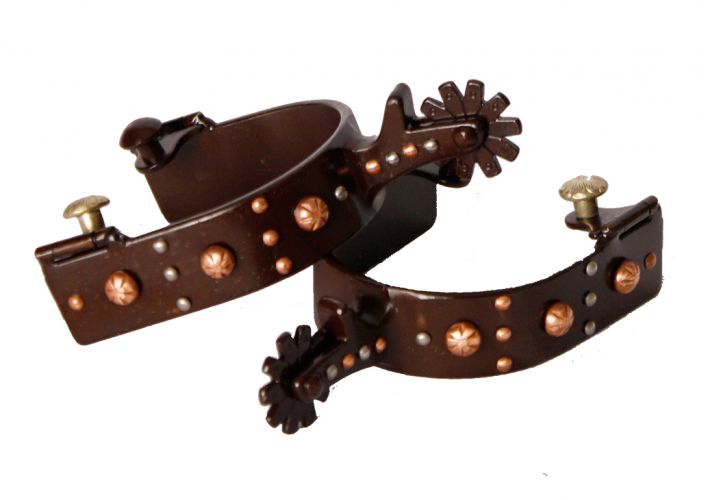 Showman Brown Steel Spur with Engraved Copper Studs and Silver Studs