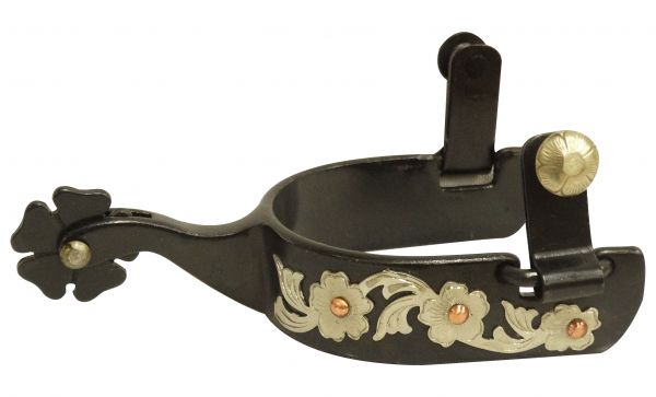 Showman Black Steel Spur with Silver Engraved Floral Overlay and Copper Studs