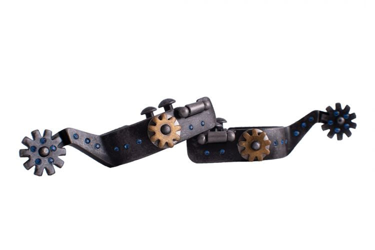 Showman Antique Gray Steel Spur with Blue Rhinestone and Gold Accent