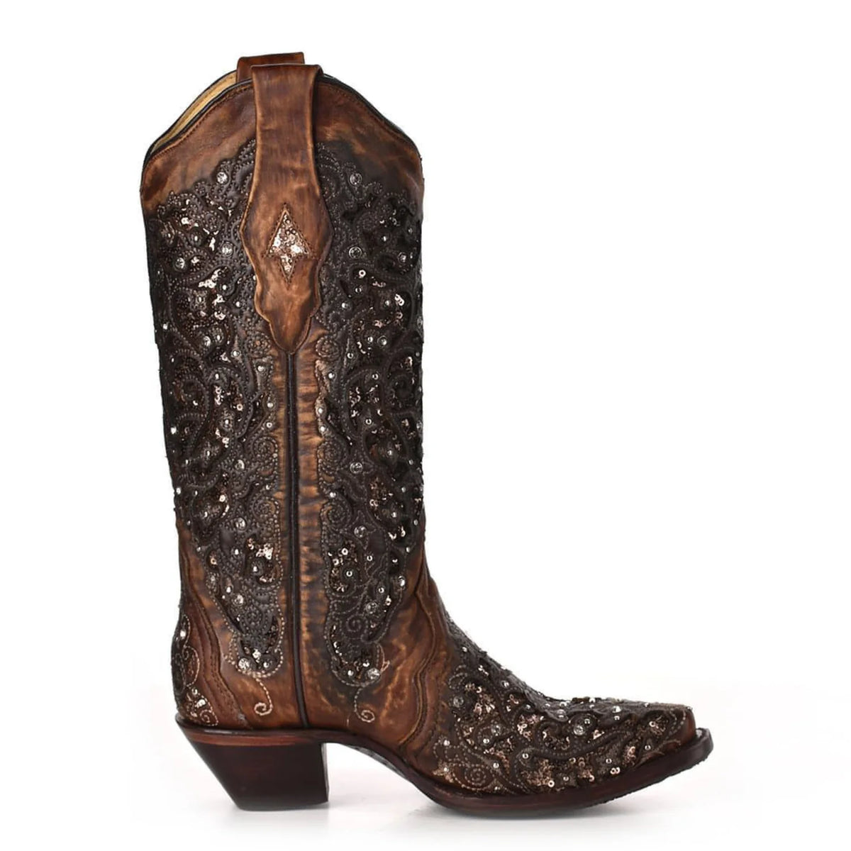 Corral Womens Black Glitter Inlay Floral Overlay with Crystals and Studs Snip Toe Cognac Boot