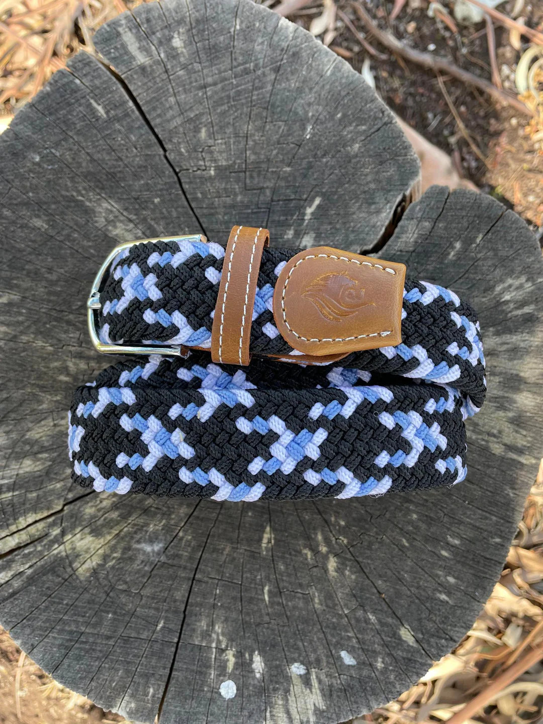 QJ Riding Wear Elasticised Belt Black/Pale Blue/White Weave