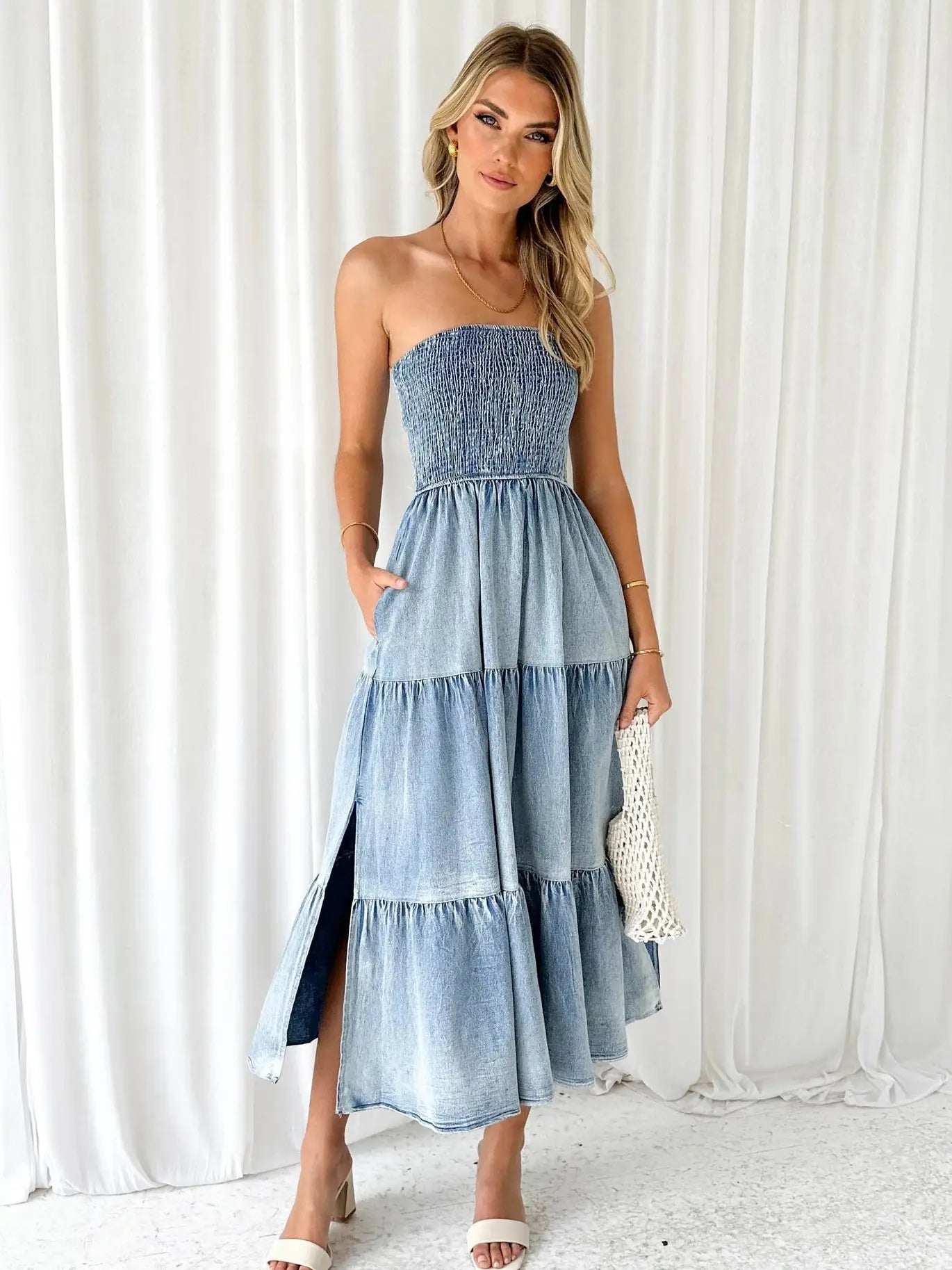 Off Shoulder Hem Slit Jean Dress