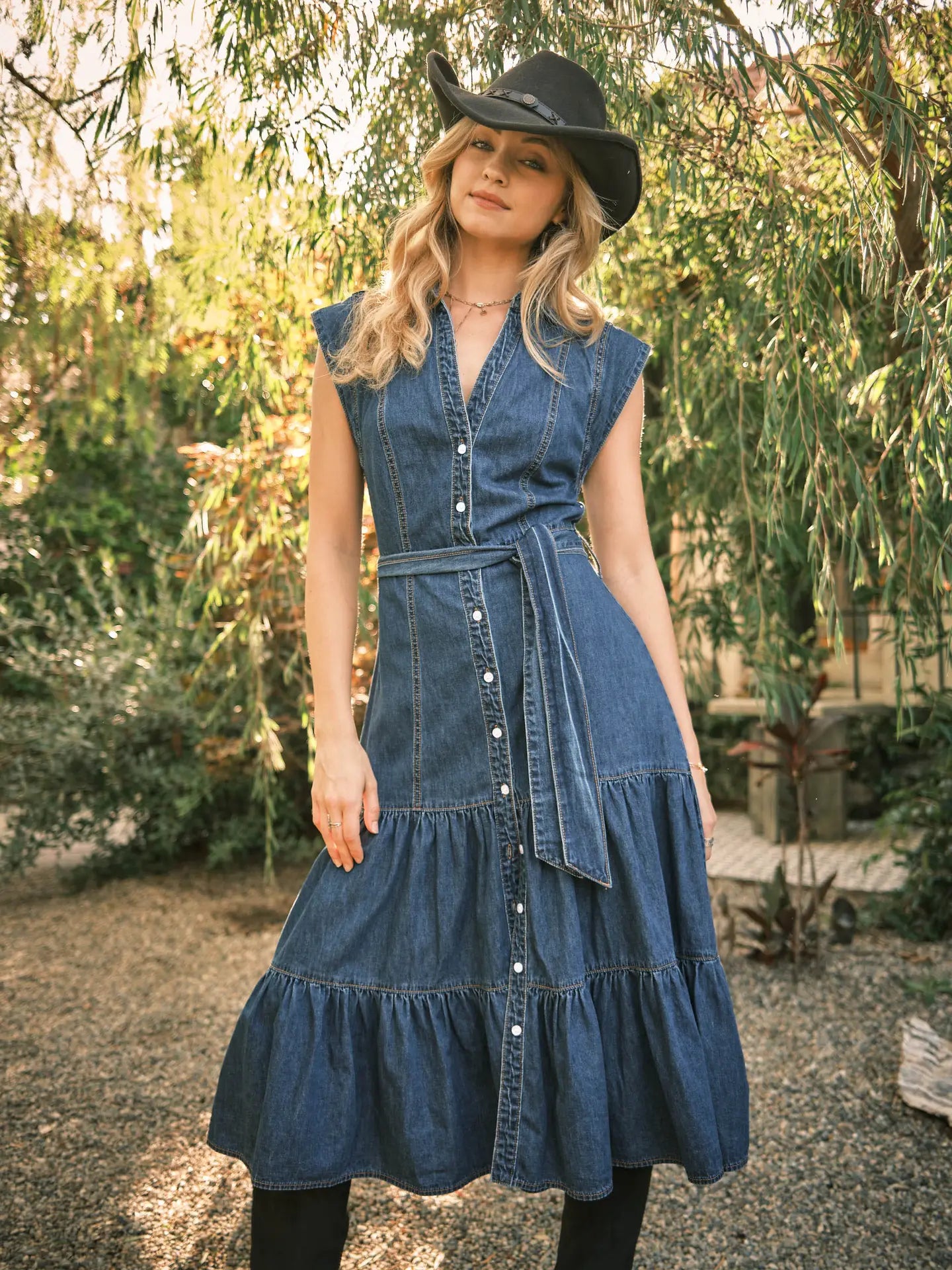 Belted Button Up Tiered Denim Midi Dress