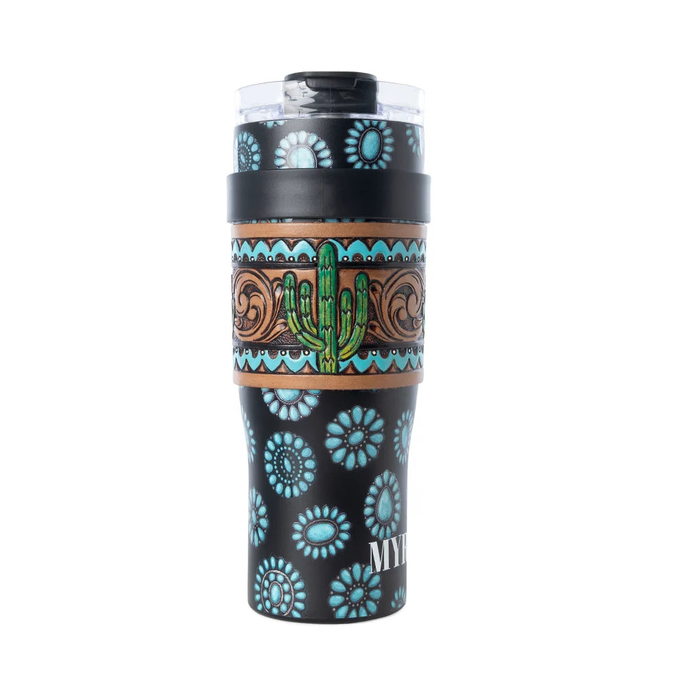 Concho Crest Western Tooled Tumblr in Black Stainless Steel with Leather Wrap and Handle | Giftware - Accessories | Saddleworld Ipswich