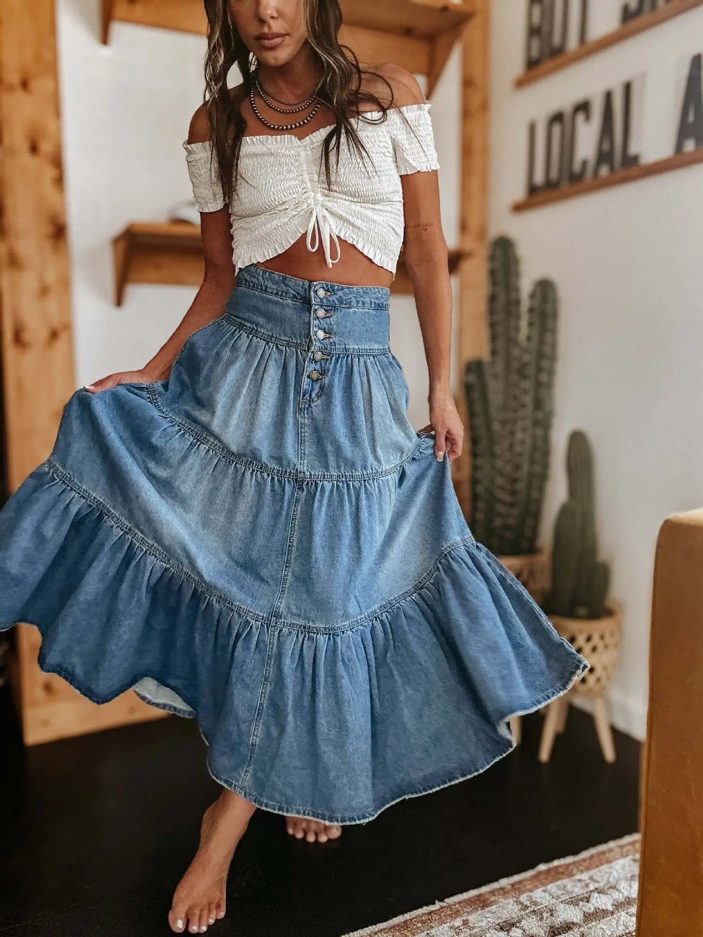 Missy Bohemian Tiered Denim Skirt A Line