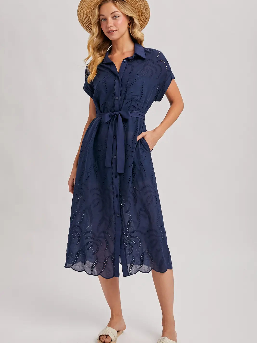 Boho Eyelet Button Down Shirt Belted Midi Dress