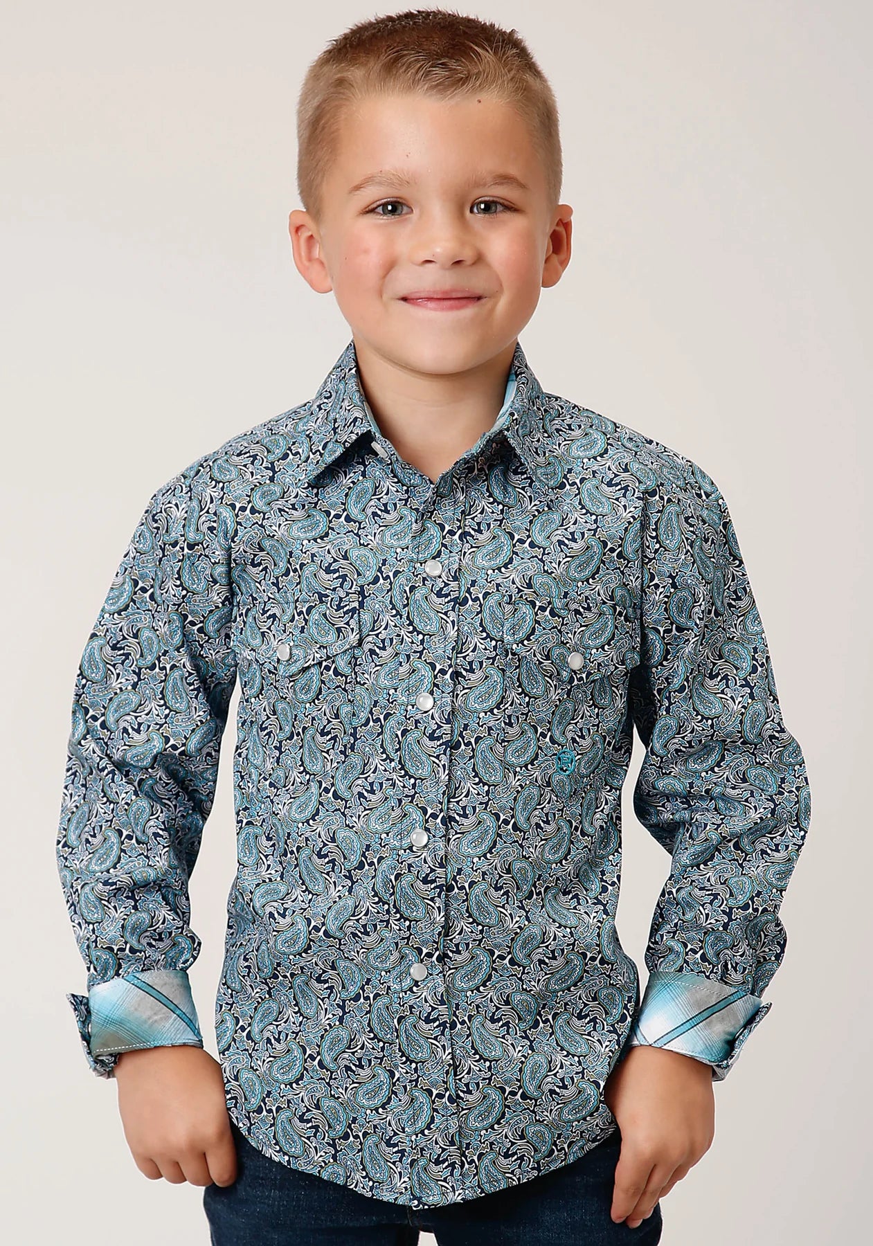 Roper Boys Amarillo Collection LS Shirt Print Blue - EOFY Sale