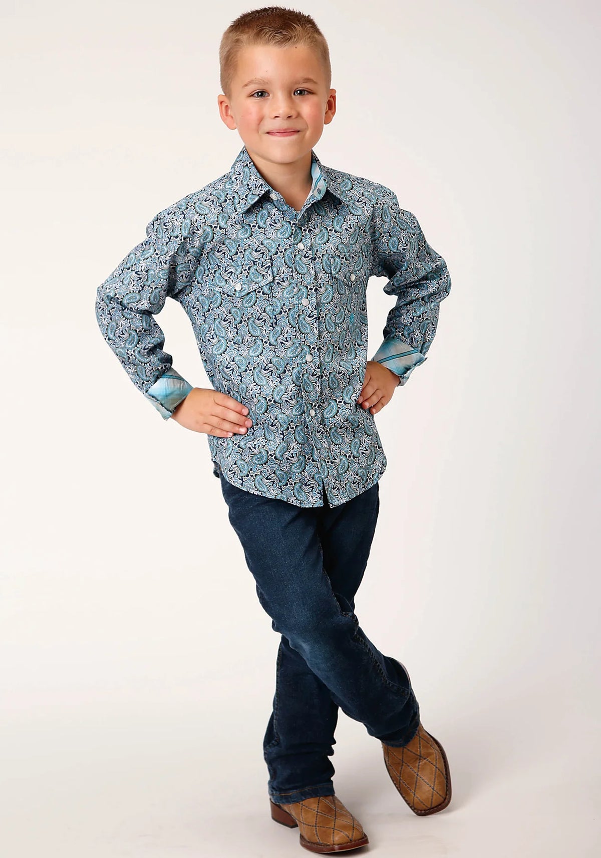 Roper Boys Amarillo Collection LS Shirt Print Blue - EOFY Sale