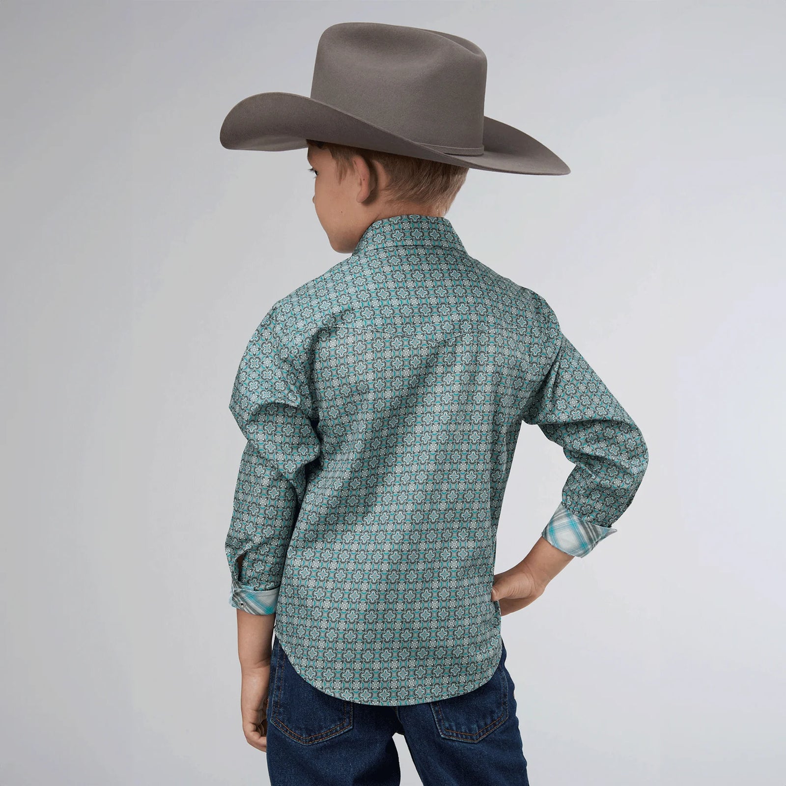 Roper Bys Amarillo Collection LS Print Shirt Grey - Summer Clearance