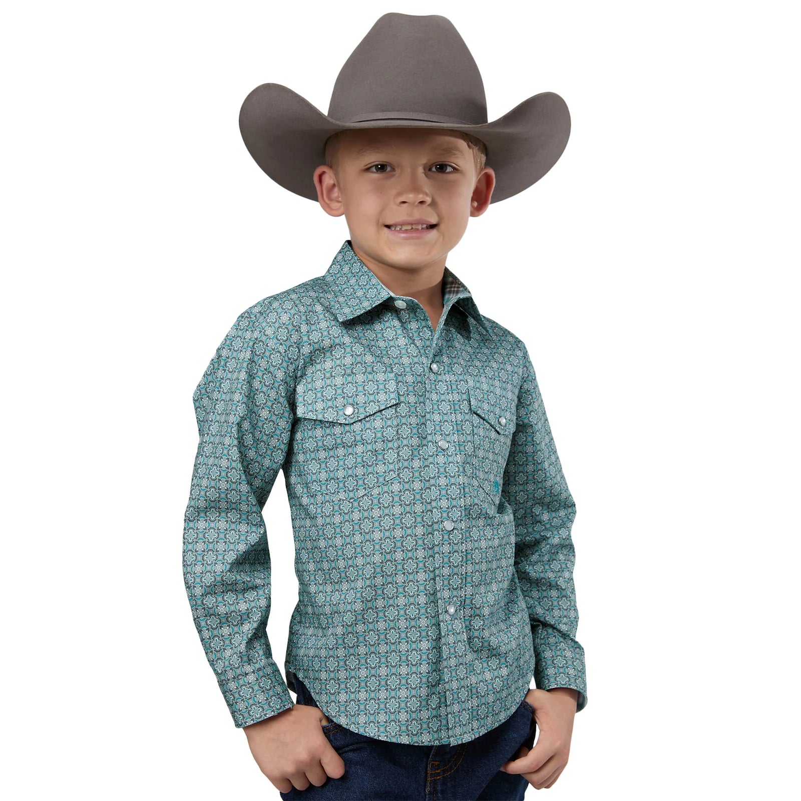 Roper Bys Amarillo Collection LS Print Shirt Grey - Summer Clearance
