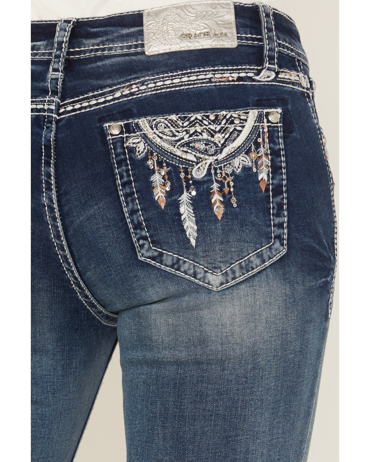 Grace in LA Wmns Medium Wash Dream Catcher Embroidered Mid Rise Bootcut