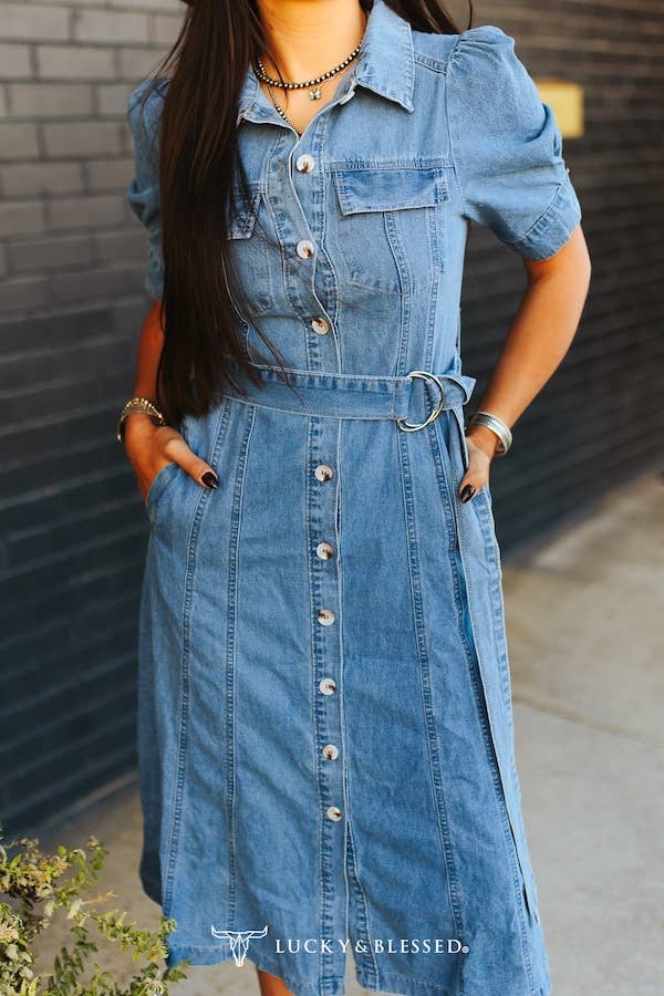 Lucky and Blessed Mid Wash Concho Button Down Belted Collared Denim Puff Sleeve Dress