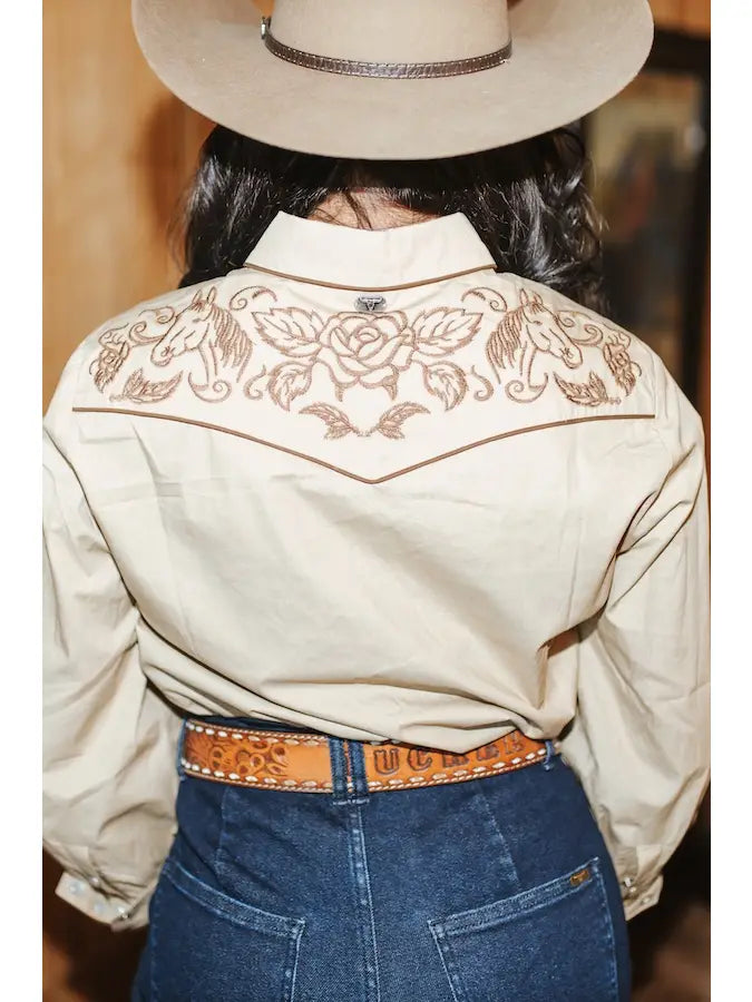 Khaki Pearl Snap Button Down Embroidered Shirt