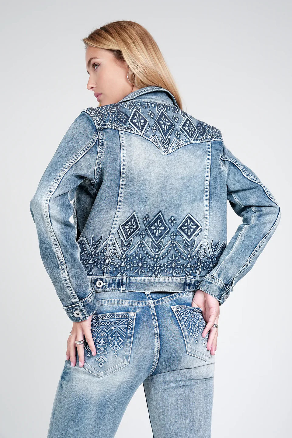 Grace in LA Wmns Western Aztec and Rhinestone Jean Jacket - Winter Black Friday Sale
