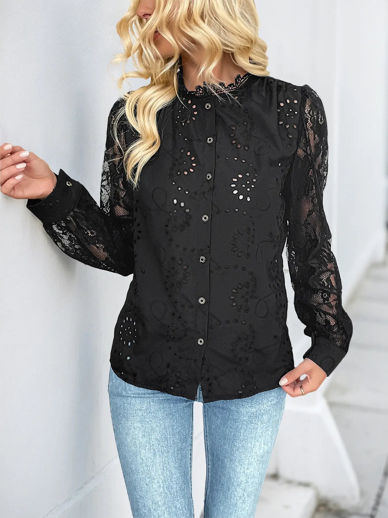 Elegant Black Blouse with Lace Cutout Details