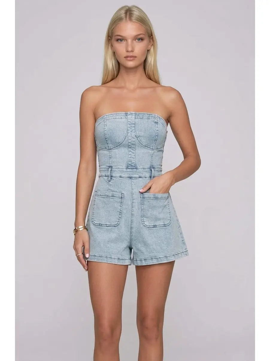 Washed Denim Tube Romper