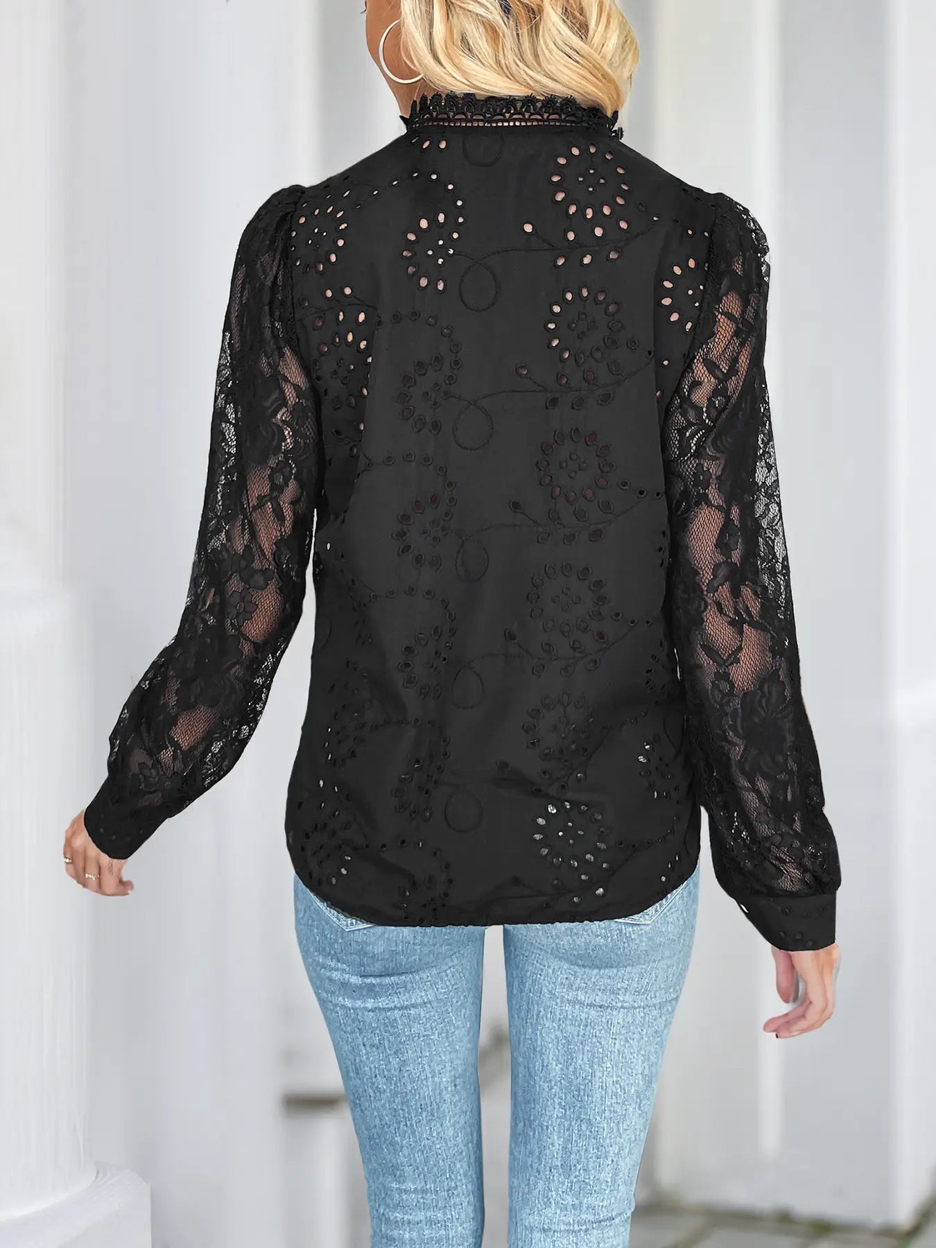 Elegant Black Blouse with Lace Cutout Details
