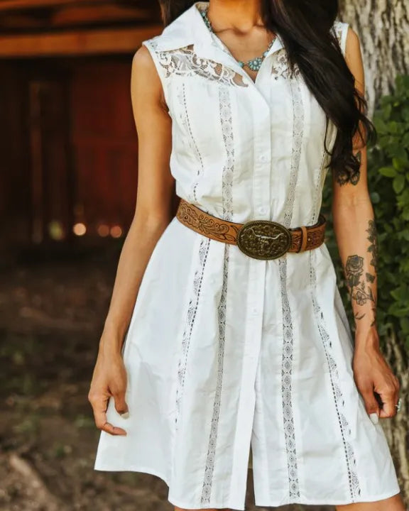 Lucky and Blessed Ivory Sleevless Lace Inset Button Front Shirt Dress