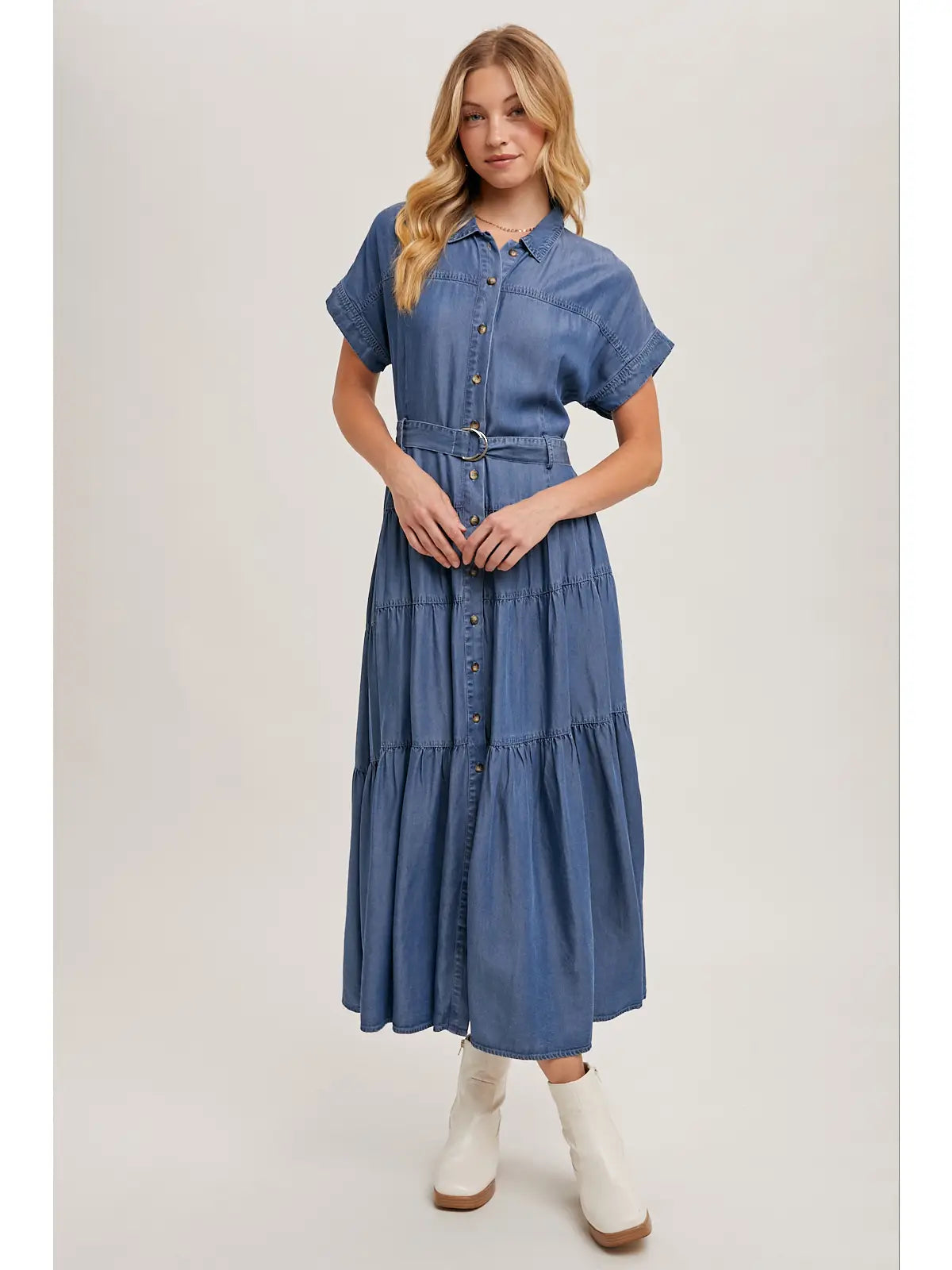 Short Sleeve Tiered Maxi Denim Dress Button Front