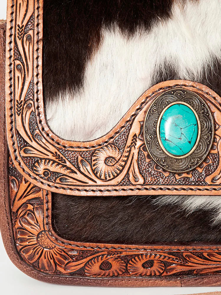 American Darling Tooled Leather Crossbody Bag with Cowhide and Turquoise Accent