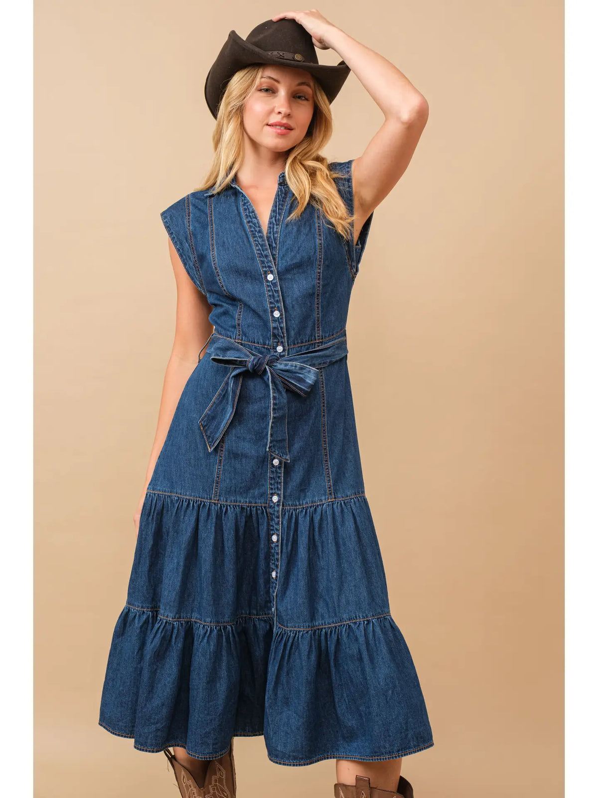 Belted Button Up Tiered Denim Midi Dress