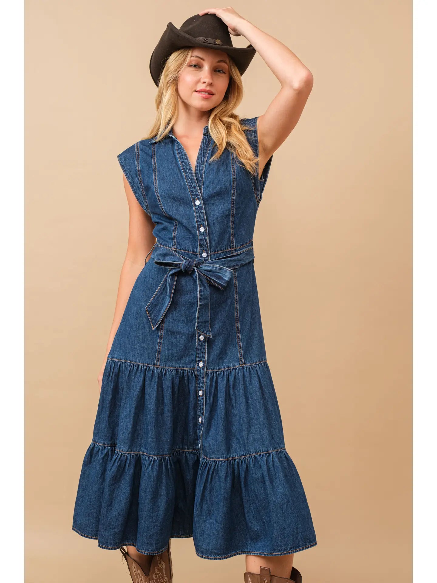 Belted Button Up Tiered Denim Midi Dress