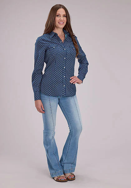 Roper Wmns West Made Collection LS Shirt Print Blue