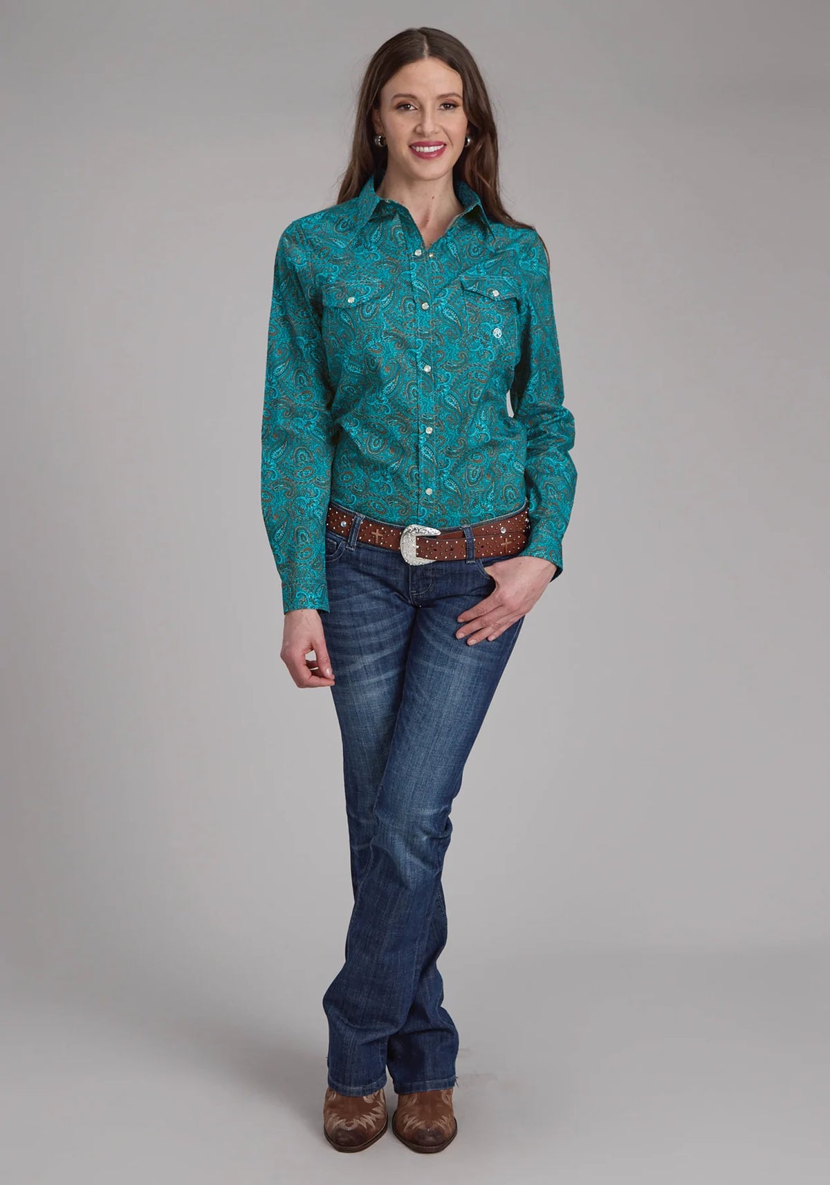 Roper Wms Amarillo Collection LS Print Shirt Green - Black Friday Sale