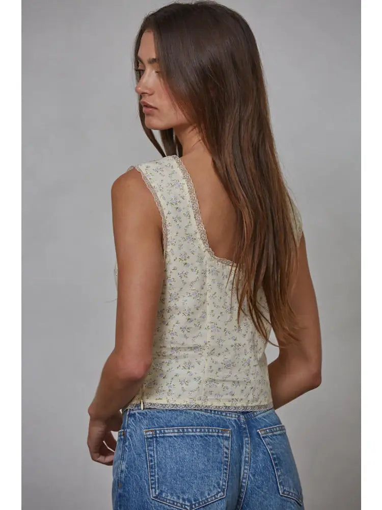 Woven Cotton Floral Print Square Neck Sleeveless Top