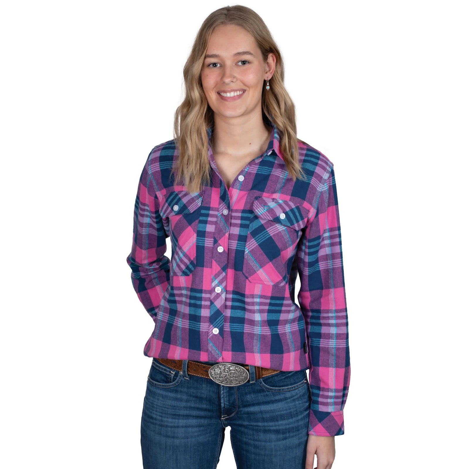 Just Country Wmns Brooke Workshirt Flannel Hot Pink/Navy/Sky Blue