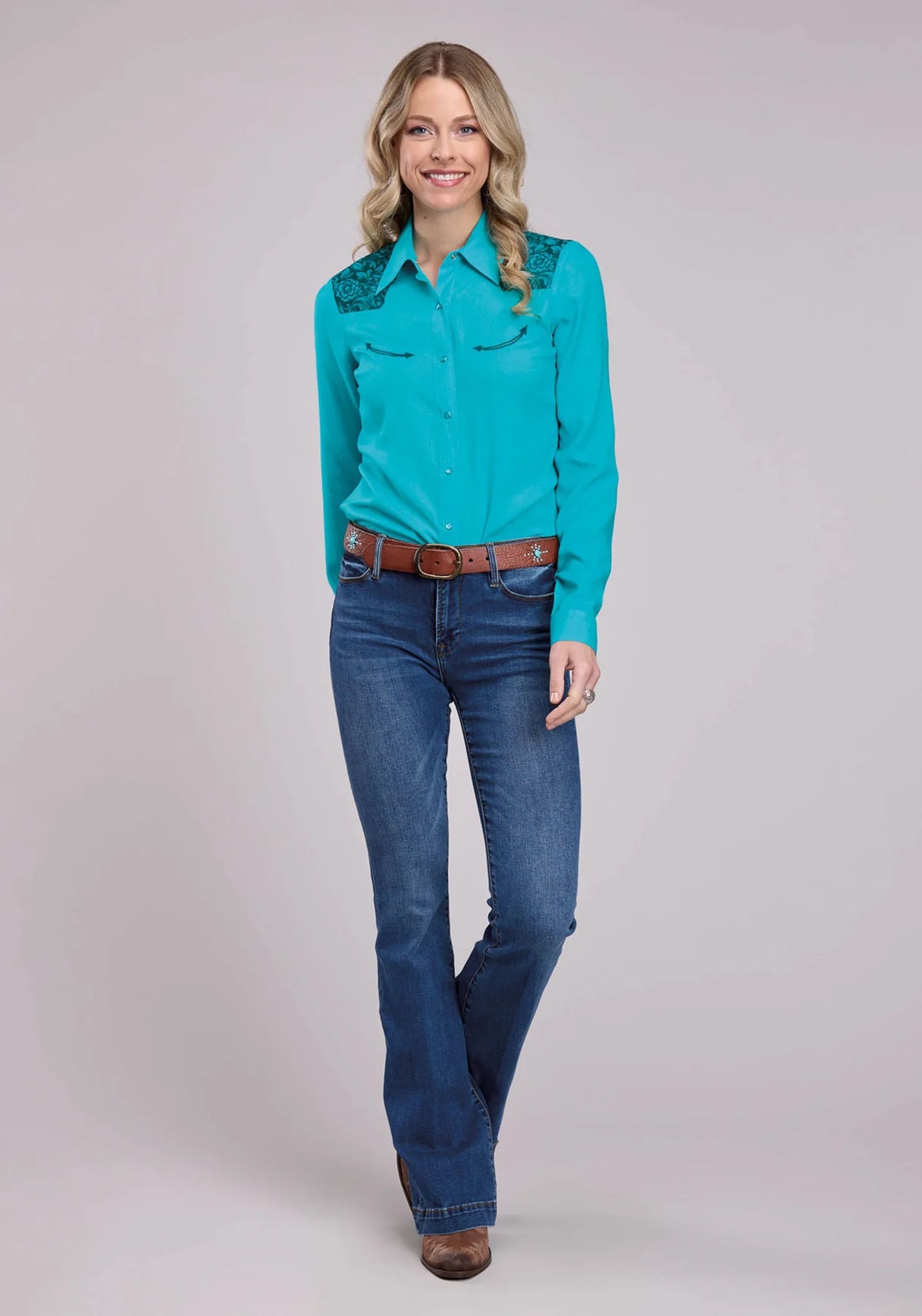 Roper Wmns Studio West Collection LS Shirt Solid Blue