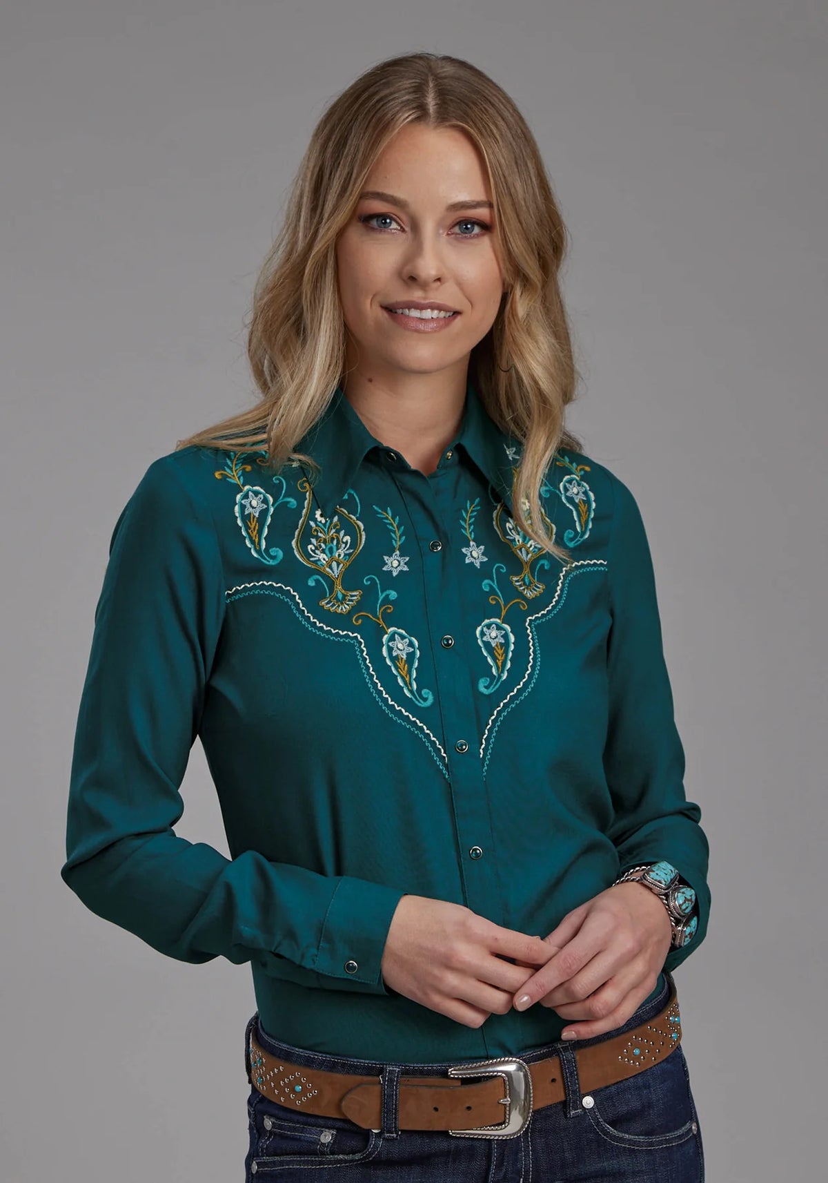 Roper Wms Studio West Collection LS Shirt Solid Green - EOFY Sale