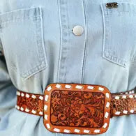 Brown Tooled Leather Ivory Buckstitch Belt