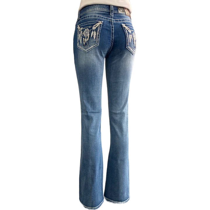Grace in LA Harlequin Sequin Feathered Longhorn Mid Rise Bootcut Jeans