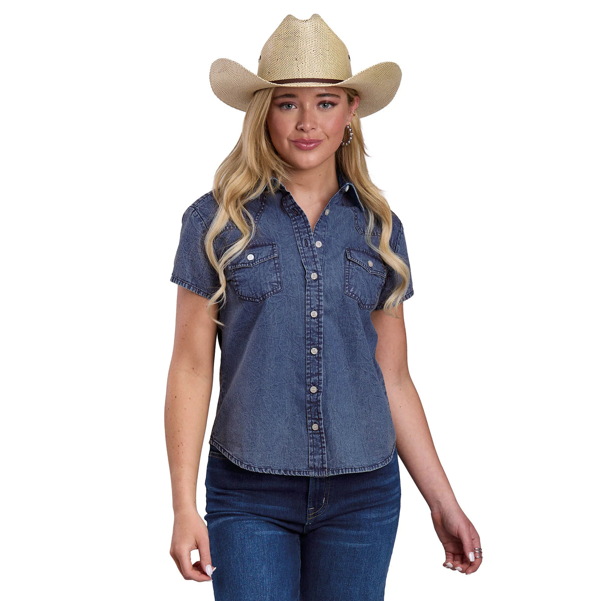 Roper Wmns Five Star Collection SS Shirt Solid Blue