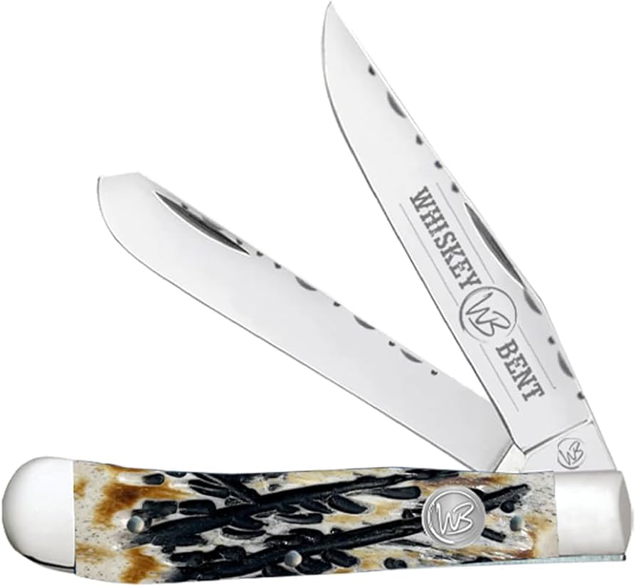 Whiskey Bent Trapper Pocket Knife Filework Twin Blade Carved Burnt Bone