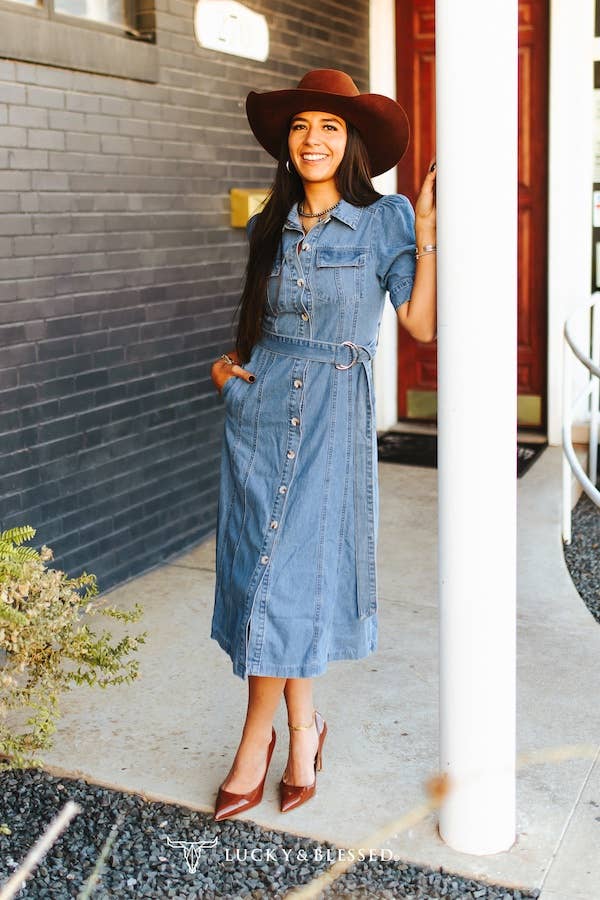 Lucky and Blessed Mid Wash Concho Button Down Belted Collared Denim Puff Sleeve Dress
