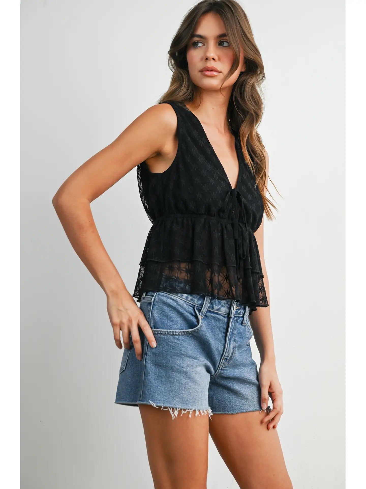 Tiered Ruffle Hem Tie-Front Tank Top