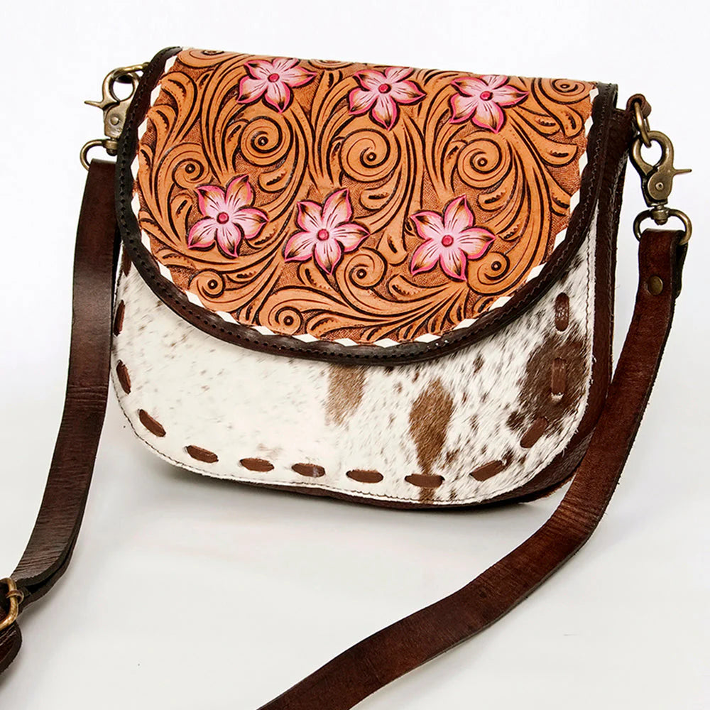 American Darling Messenger Bag Floral Hand Tooled Leather and Hair on Hide