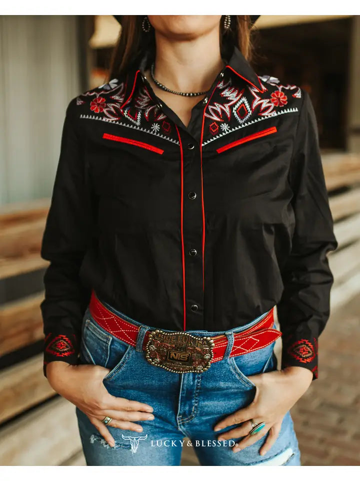 Black Aztec Embroidered Western Yoke Pearl Snap Top