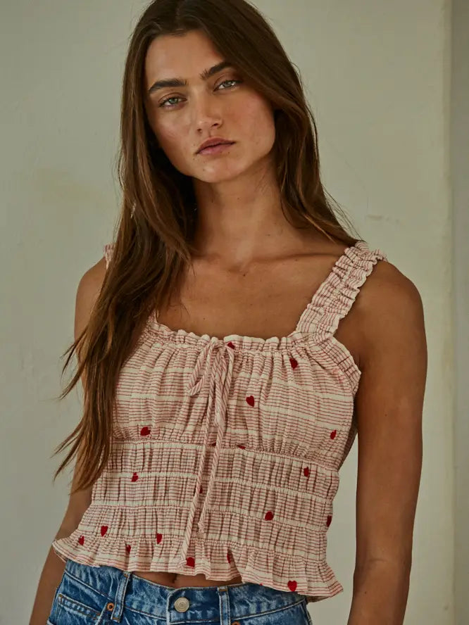 Woven Linen Cotton Striped Heart Embroidered Top